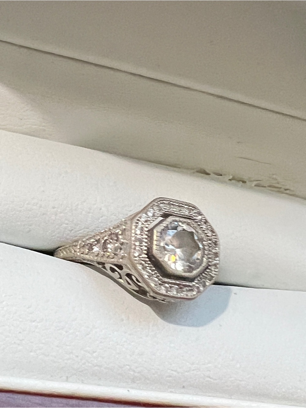 Vintage Style Sterling Silver White CZ Halo Ring Sz 5 - Picture 2 of 8